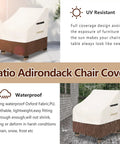 Two Pack Waterproof Adirondack Chair Covers Heavy Duty Outdoor Furniture Covers For All Weather Protection That Keeps Your Chairs Dry And Clean 30W X 34D X 36H Inches Beige And Brown displayed with waterproof and UV resistant features.