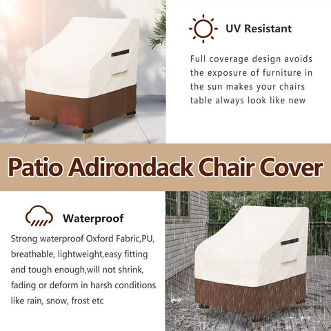 Two Pack Waterproof Adirondack Chair Covers Heavy Duty Outdoor Furniture Covers For All Weather Protection That Keeps Your Chairs Dry And Clean 30W X 34D X 36H Inches Beige And Brown displayed with waterproof and UV resistant features.