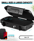 Portable Waterproof Security Lock Box With Combination Lock showing open view, dimensions, and removable wire rope next to phone for scale.