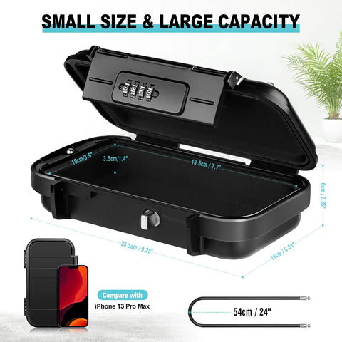 Portable Waterproof Security Lock Box With Combination Lock showing open view, dimensions, and removable wire rope next to phone for scale.