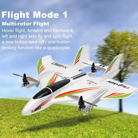 Pro Level RC Airplane For Adults, 2.4G 6CH Glider with 3 Flight Modes and LED Lights in multi-rotor flight mode over grass field.