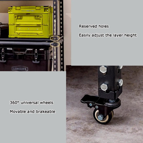 Heavy Duty Pegboard Display Stand With Rollin Wheels, Three Tier Garage Storage Rack showing adjustable height holes and 360° wheels.