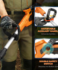 Close-up of Cordless Electric Tiller Cultivator With 21V Battery showing adjustable handle and double safety switch features.