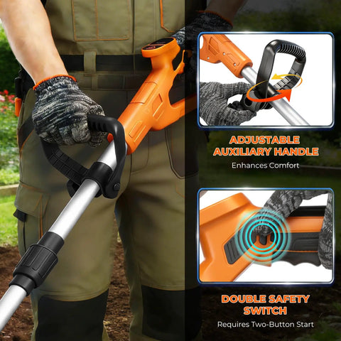 Close-up of Cordless Electric Tiller Cultivator With 21V Battery showing adjustable handle and double safety switch features.
