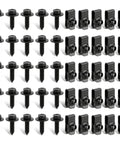 One Quarter Inch Body Fastener Kit With Twenty Five Bolts And Twenty Five U Nut Clips For Fender Engine Cover And Splash Shield Black Phosphate Coated Indented Hex Head With Free Spinning Washer Ideal For Car Bumpers Furniture And More, showing bolts and U-nuts.