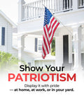 Heavy Duty Outdoor US Flag 3x5 Ft With Embroidered Stars Reinforced Material displayed on a porch with a railing