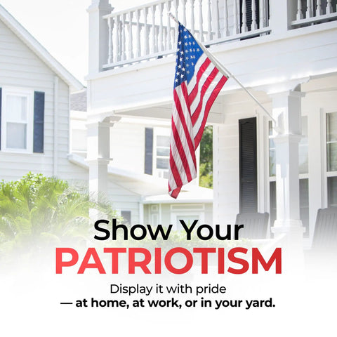Heavy Duty Outdoor US Flag 3x5 Ft With Embroidered Stars Reinforced Material displayed on a porch with a railing