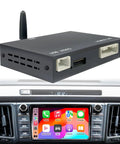 Toyota Wireless CarPlay Retrofit Kit for 2014-2019 Tacoma Highlander RAV4 Corolla Camry Sienna Avalon Prius And More Plug And Play Android Auto Decoder Upgrade Box for Entune 2.0 Touch 2 Systems shown above in use in car dashboard.