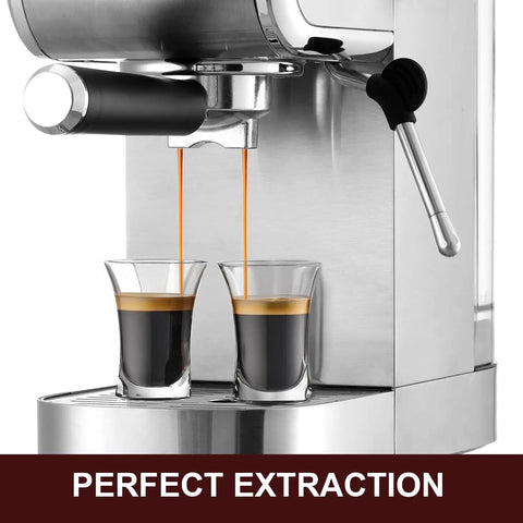 Pro Level 20 Bar Espresso Machine With Hella Smooth Built In Milk Frother Plus Fast Heating Stainless Steel System For Making Killer Lattes And Office Coffee Brews, showcasing espresso extraction into two glasses.