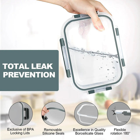 10 Pack Glass Meal Prep Containers With Airtight Lids showcasing total leak prevention with gray lid and clear borosilicate glass.