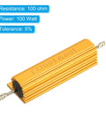 Two Pack 100W 100 Ohm Aluminum Shell Wirewound Power Resistors in golden housing, beefy chassis mounted, shown with specs