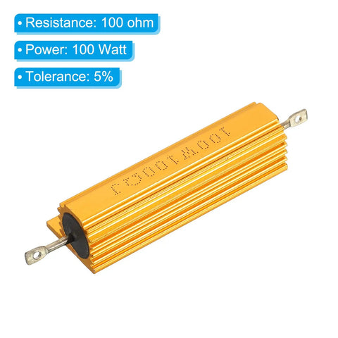 Two Pack 100W 100 Ohm Aluminum Shell Wirewound Power Resistors in golden housing, beefy chassis mounted, shown with specs