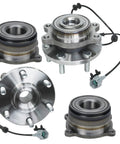 Front And Rear Wheel Bearing And Hub Assembly Kit For 4X4 Nissan Frontier 2005 2019 Xterra 2005 2015 And Suzuki Equator 2009 2012 With Automatic Transmission Plug N Play Drop In Replacement 4WD AWD shown with components and wiring