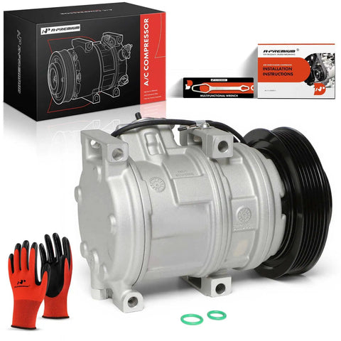 Direct Fit A/C Compressor With Clutch for Honda Accord 2003-2007, silver finish with 6 groove pulley and included installation tools.