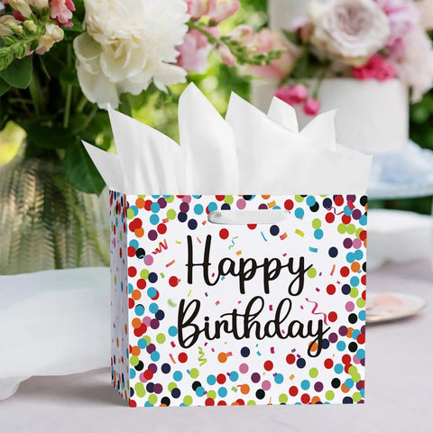 13 Inch Large Birthday Gift Bag With Tissue Paper And Card Happy Birthday Dots Streamers Gift Bag For Men Women Kids
