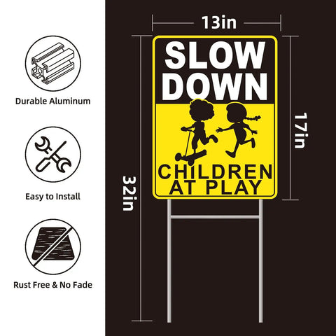 Slow Down Children At Play Safety Signs 2 Pack 17 By 13 Inch Double Sided Corrugated Plastic With H Metal Stakes for streets.