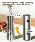 Sleek Stainless Steel Electric Salt And Pepper Grinder Set With Led Light, Adjustable Coarseness, Rechargeable Battery, Storage Base, Premium Automated Spice Mill For Modern Kitchen Gadgets with top refilling design.