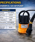 Image of Heavy Duty Submersible Water Pump Kit With 25 Foot Garden Hose And 25 Foot Power Cord Three Quarter HP Utility Pump in water