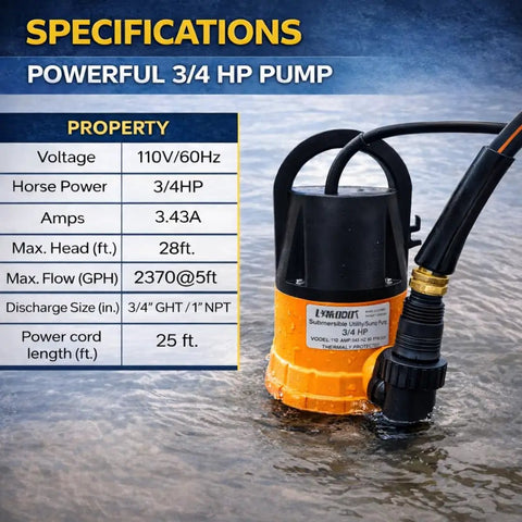 Image of Heavy Duty Submersible Water Pump Kit With 25 Foot Garden Hose And 25 Foot Power Cord Three Quarter HP Utility Pump in water