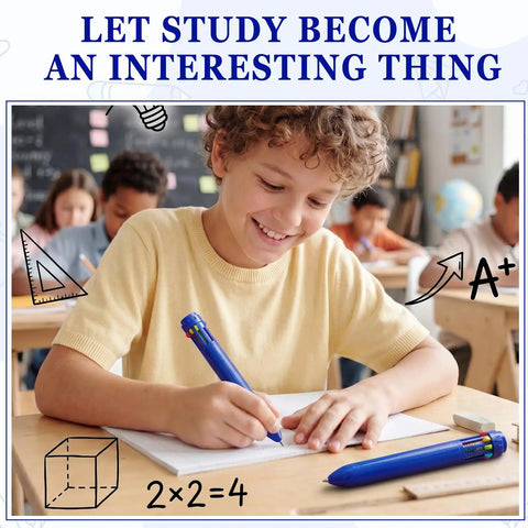 Student using 10 In 1 Multicolor Retractable Ballpoint Pens Set With 0.7mm Tips Navy Blue Barrel Includes Black Blue Red Orange Yellow Pink Brown Light Blue Green Your Go To Office And School Writing Kit For Students Gifts