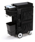 Heavy Duty Painters Utility Cart Featuring Plug And Play Setup And Five Gallon Bucket Holder Built Like A Tank For Rough Job Site Grind And Smooth Rolling, with black steel frame and multiple storage compartments.