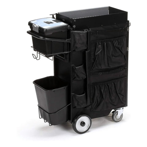 Heavy Duty Painters Utility Cart Featuring Plug And Play Setup And Five Gallon Bucket Holder Built Like A Tank For Rough Job Site Grind And Smooth Rolling, with black steel frame and multiple storage compartments.