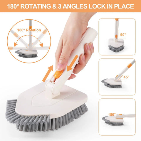 3 In 1 Shower Scrubber With Long 50 Inch Handle Set showing 180 degree rotating bristle brush head with adjustable angles