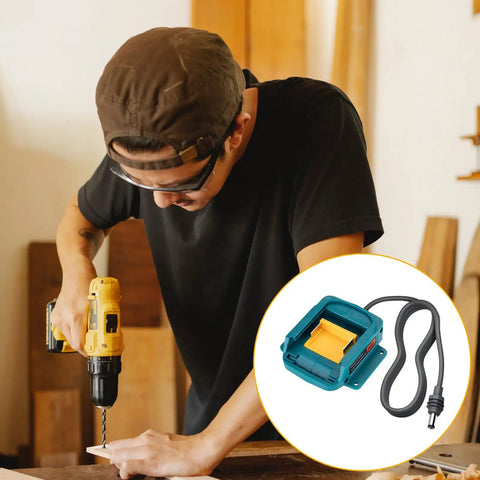 Rugged Heavy Duty Charging Station Power Cord With Inline Voltage Guard Compact Portable Battery Adapter For Bl1830 Bl1860 Bl1850 Bl1840 being used with power tools.