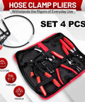 Ultimate 4-Piece Hose Clamp Pliers Kit with Long Reach Spring Pliers, Clic-R Type, and flat band pliers in a carry bag