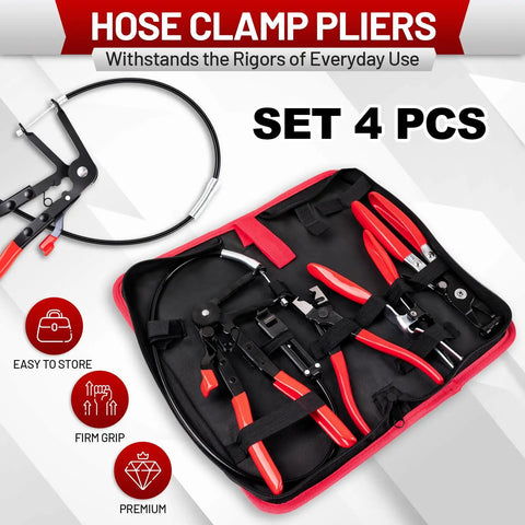 Ultimate 4-Piece Hose Clamp Pliers Kit with Long Reach Spring Pliers, Clic-R Type, and flat band pliers in a carry bag