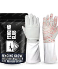 Pro Fencing Glove For Foil, Epee, And Saber in package, showing non-slip design, Velcro closure, and competition approval