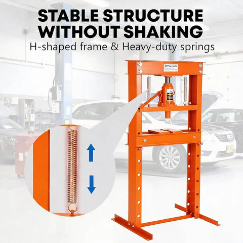 Heavy Duty H Frame Shop Press With 20 Ton Capacity And Adjustable Bench Table showing stable H-shaped frame and heavy-duty springs.