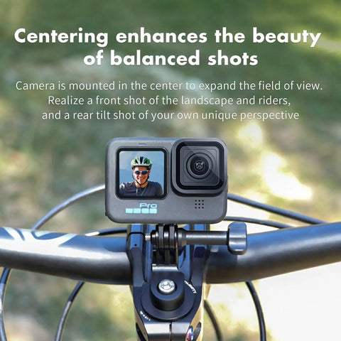 Aluminum Alloy Bike Headset and Handlebar Stem Mount for Action Cameras Center Mount on bike with camera attached.