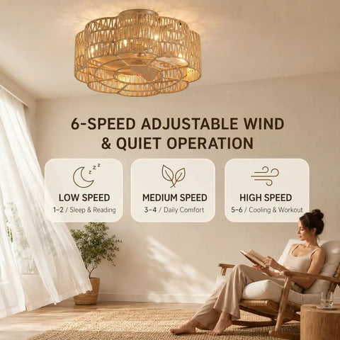 Pixxrib Boho Caged Ceiling Fans with Lights for Bedroom Living room showing 6-speed settings in a cozy setting.