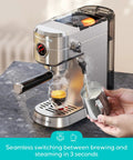 20 Bar Espresso Machine With Flashheat Technology Upgraded Stainless Steel Pro Grade Coffee Maker on kitchen counter brewing coffee