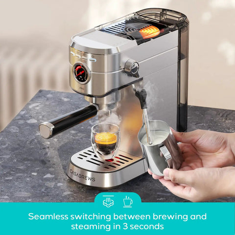 20 Bar Espresso Machine With Flashheat Technology Upgraded Stainless Steel Pro Grade Coffee Maker on kitchen counter brewing coffee