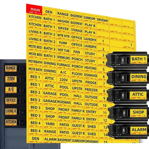 Kick Ass Circuit Breaker Labels Designed To Tame Your Electrical Panel With A Super Solid Grip That Keeps Yellow Markers Secure Indoors Or Outdoors For Hassle Free Home Repair Jobs showing various labeled switches and breakers.