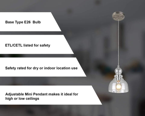1 Light Indoor Adjustable Mini Pendant in Brushed Nickel With Hand Blown Seeded Glass Modern Kitchen Island Light Dimmable