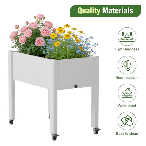 Elevated Raised Garden Bed With Wheels Portable Resin Planter Box For Vegetables Flowers And Herbs Outdoor Weather Resistant White Ready To Roll On The Patio Or Balcony Easy To Move