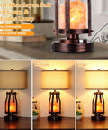 2 In 1 Farmhouse Table Lamp With Himalayan Salt Night Light, Touch Dial Bedside Lamp showcasing dimmable settings in bedroom.
