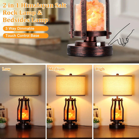 2 In 1 Farmhouse Table Lamp With Himalayan Salt Night Light, Touch Dial Bedside Lamp showcasing dimmable settings in bedroom.