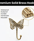 Solid Brass Butterfly Wall Hooks With 33 Lb Capacity, Vintage Gold Finish, Handcrafted Heavy Duty Coat And Backpack Hangers for Kids Room, Entryway, Kitchen, Mudroom, Pack Of 3; showing waterproof and durable features
