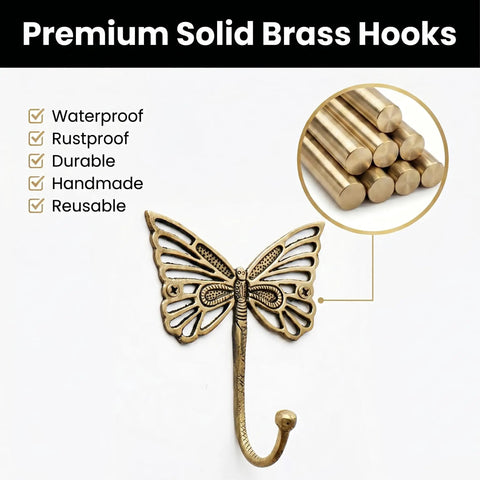 Solid Brass Butterfly Wall Hooks With 33 Lb Capacity, Vintage Gold Finish, Handcrafted Heavy Duty Coat And Backpack Hangers for Kids Room, Entryway, Kitchen, Mudroom, Pack Of 3; showing waterproof and durable features