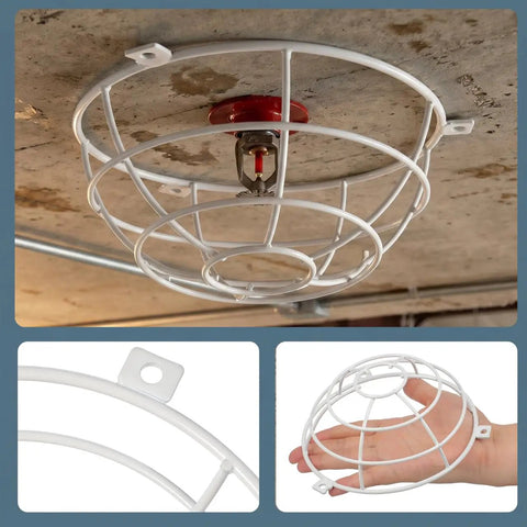 Lockdown Fire Sprinkler Head Guard Cover Badass Heavy Duty Stainless Steel Protector Cage For Warehouse Basement Garage Home Gym 7 X 2.6 Inch Rust Resistant Top Shelf Quality Boss Level Damage Prevention Sleek Durable Build For Any Space, mounted on a ceiling.