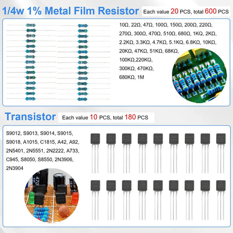 Mega 1628 Piece DIY Electronics Kit With LEDs Diodes Resistors Capacitors Transistors Dupont Wire PCBs And Breadboards For Hands On Prototyping And Learning: 1/4W metal film resistors and TO-92 transistors
