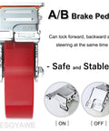 Built Tough Heavy Duty Plate Caster Replacement Set Featuring Dead Silent Polyurethane Wheels with red brake pedal.