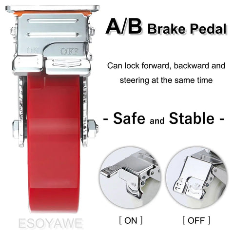 Built Tough Heavy Duty Plate Caster Replacement Set Featuring Dead Silent Polyurethane Wheels with red brake pedal.