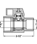 Technical drawing of Mini Ball Valve Three Quarter Inch Stainless Steel 304 Reduced Port 1000 PSI for water, oil, and gas.