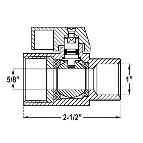 Technical drawing of Mini Ball Valve Three Quarter Inch Stainless Steel 304 Reduced Port 1000 PSI for water, oil, and gas.