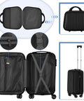 Two Piece Hardside Luggage Set With 20 Inch Carry On Spinner Suitcase And 14 Inch Stackable Travel Handbag ABS Durable Lightweight Trolley For 1 To 4 Day Trips TSA Friendly Jet Black, interior and exterior view